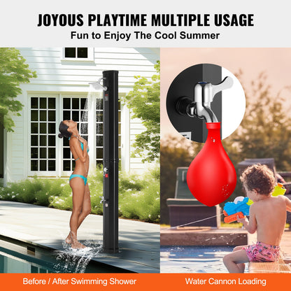 Outdoor shower with solar heating, 35 liter poolside shower kit with shower head and foot shower faucet, quick assembly with double buckle with pre-drilled holes for outdoor pool by the pool