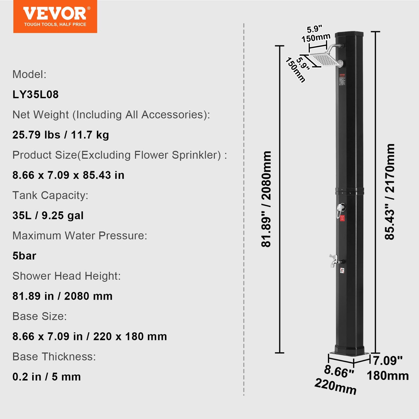 Outdoor shower with solar heating, 35 liter poolside shower kit with shower head and foot shower faucet, quick assembly with double buckle with pre-drilled holes for outdoor pool by the pool