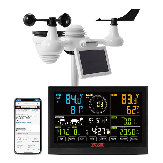 7-in-1-WLAN-Wetterstation, 7,5-Zoll-Farbbildschirm, Heimwetterstation für drinnen und draußen, mit kabellosem Solar-Außensensoralarm, für Temperatur, Luftfeuchtigkeit, Windgeschwindigkeit/Regenrichtung