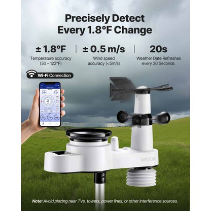 5-i-1 Wi-Fi väderstation, 190,5 mm VA-display, trådlös soldriven utomhussensor, regnmätare, inomhus/utomhus för väderprognos, vindhastighetsriktning, temperatur, luftfuktighet, nederbörd |  EU