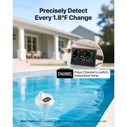 7-i-1 Wi-Fi väderstation med app, 190,5 mm display, trådlös soldriven utomhussensor, med pooltermometer, regnmätare, inomhus utomhus för väderprognos vindhastighet pooltemperatur |  EU