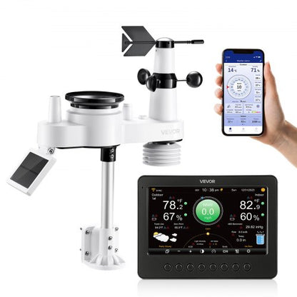 7-i-1 Wi-Fi väderstation, 177,8 mm TFT-skärm, trådlös soldriven utomhussensor, regnmätare, inomhus/utomhus för väderprognos, vindhastighet, riktning, temperatur, luftfuktighet, nederbörd |  EU