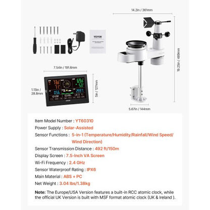 5-in-1 wireless weather station for indoor and outdoor use with sensor 7.5 inch display | EU