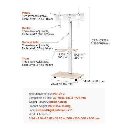 Rolling TV Stand Mobile TV Cart Holds up to 36 kg for 32-70 inch screens | EU