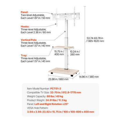 Rolling TV Stand Mobile TV Cart Holds up to 36 kg for 32-70 inch screens | EU