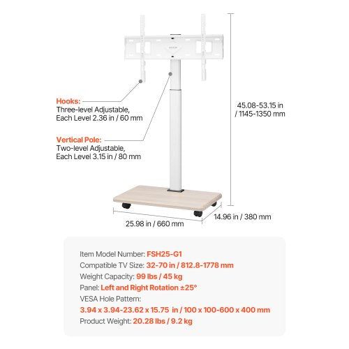 Rolling TV Stand Mobile TV Cart Holds up to 49 kg for 32-70 inch screens | EU