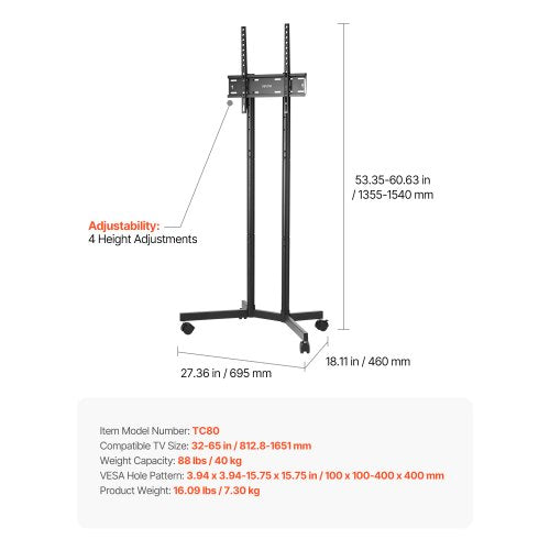 Rolling TV Stand Mobile TV Cart Holds up to 36 kg for 32-65 inch screens | EU
