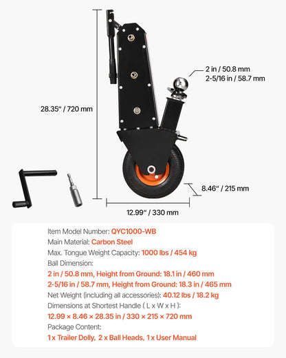 Trailer Dolly 1000lbs Viktkapacitet Trailer Mover Dolly 2 och 2-5/16 i bollar