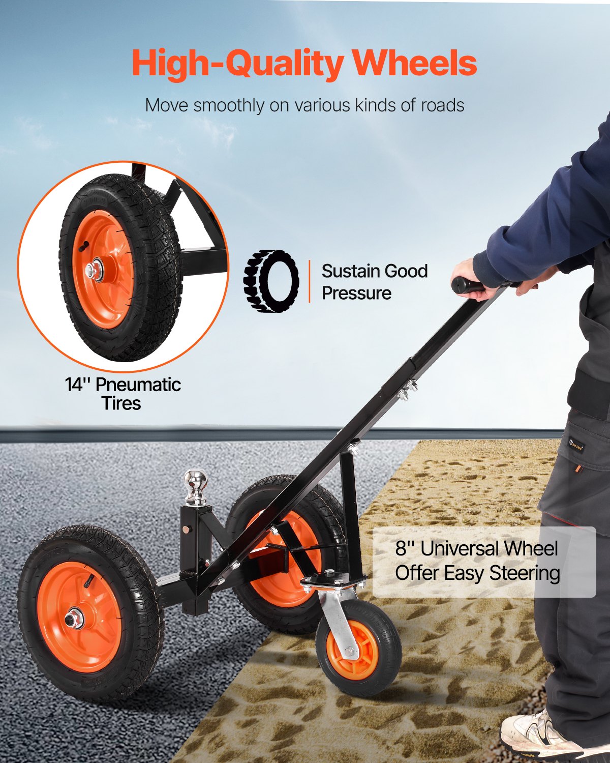 1000lbs Trailer Dolly 16.7 and 22 in Adjustable Height 2 in Ball 14 in Tire