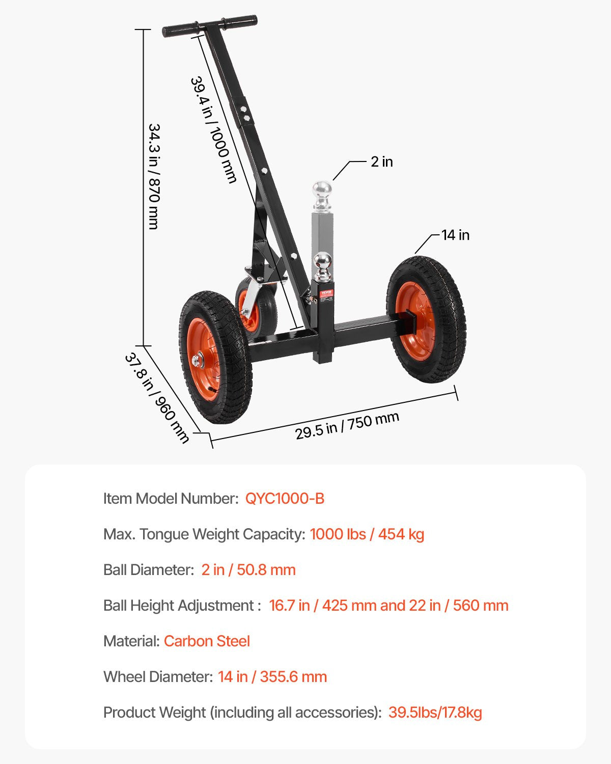 1000lbs Trailer Dolly 16.7 and 22 in Adjustable Height 2 in Ball 14 in Tire