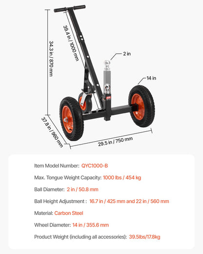 1000lbs Trailer Dolly 16.7 and 22 in Adjustable Height 2 in Ball 14 in Tire