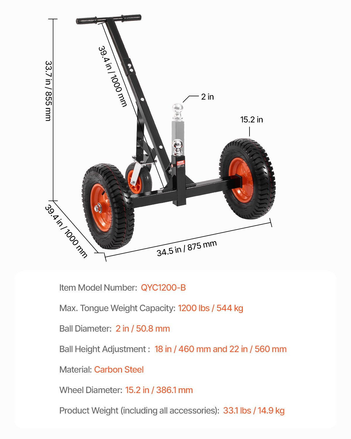 1200lbs Trailer Dolly 18 and 22 in Adjustable Height 2 in Ball 15.2 in Tire