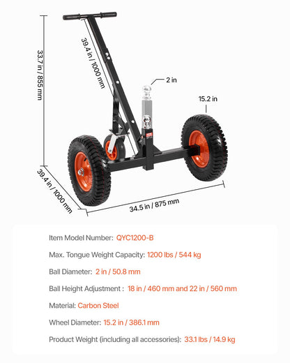 1200lbs Trailer Dolly 18 and 22 in Adjustable Height 2 in Ball 15.2 in Tire