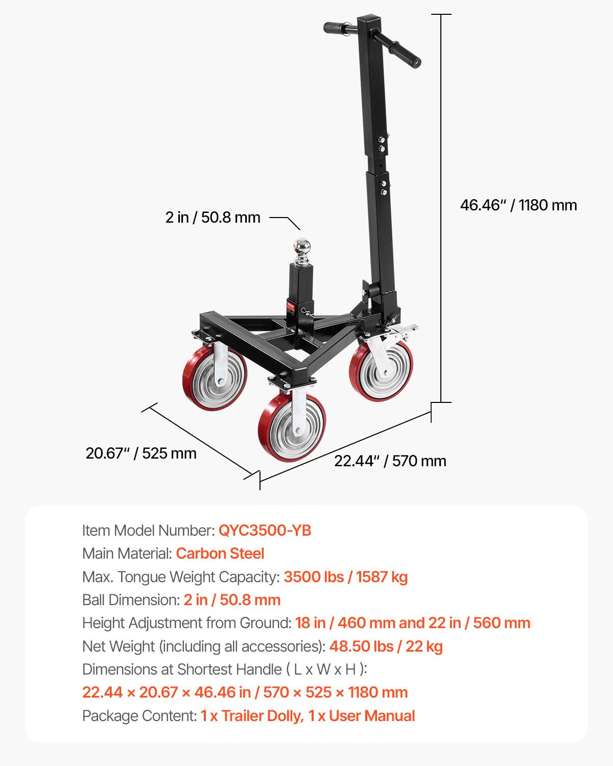 Trailer Dolly 3500lbs Tunga Vikt Kapacitet 18 och 22 tum Höjdjusterbar