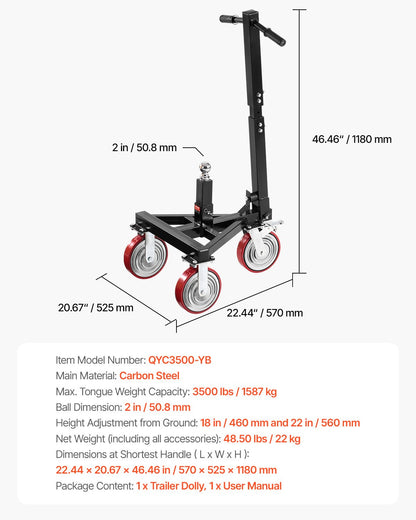 Trailer Dolly 3500lbs Tunga Vikt Kapacitet 18 och 22 tum Höjdjusterbar