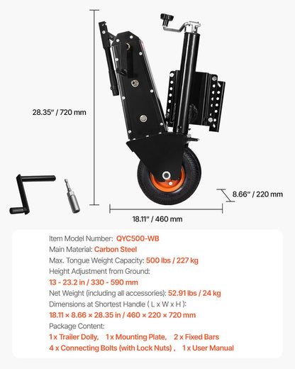 Trailer Dolly 500lbs Tunga Vikt Kapacitet 13 till 23,2 tum Justerbar höjd