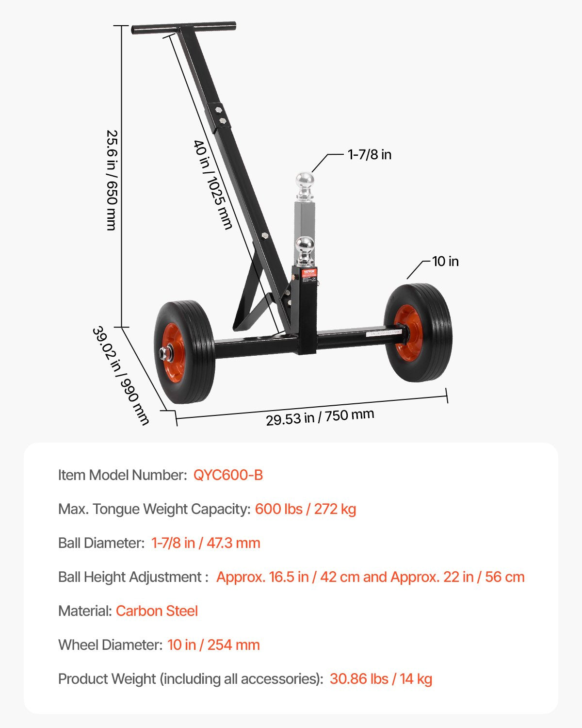 600lbs Trailer Dolly 16.5 and 22 Adjustable Height 1-7/8 in Bulletproof Tires