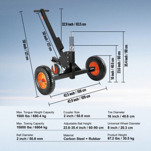 Justerbar Trailer Dolly, 1500lbs tungviktskapacitet, 2 i 1 Trailer Mover med 23,6''-35,4'' justerbar höjd & 2'' kula, 16'' pneumatiska däck och universalhjul, för RV-släp för rörlig bil |  EU