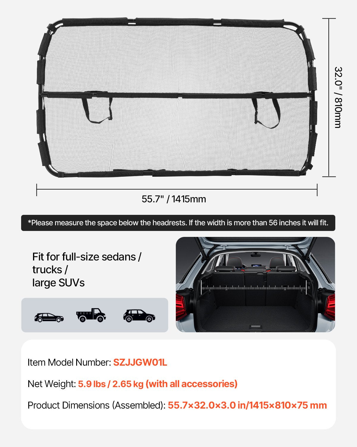 Dog Car Barrier 56" Wide Front Seats Installation Car Divider for SUVs