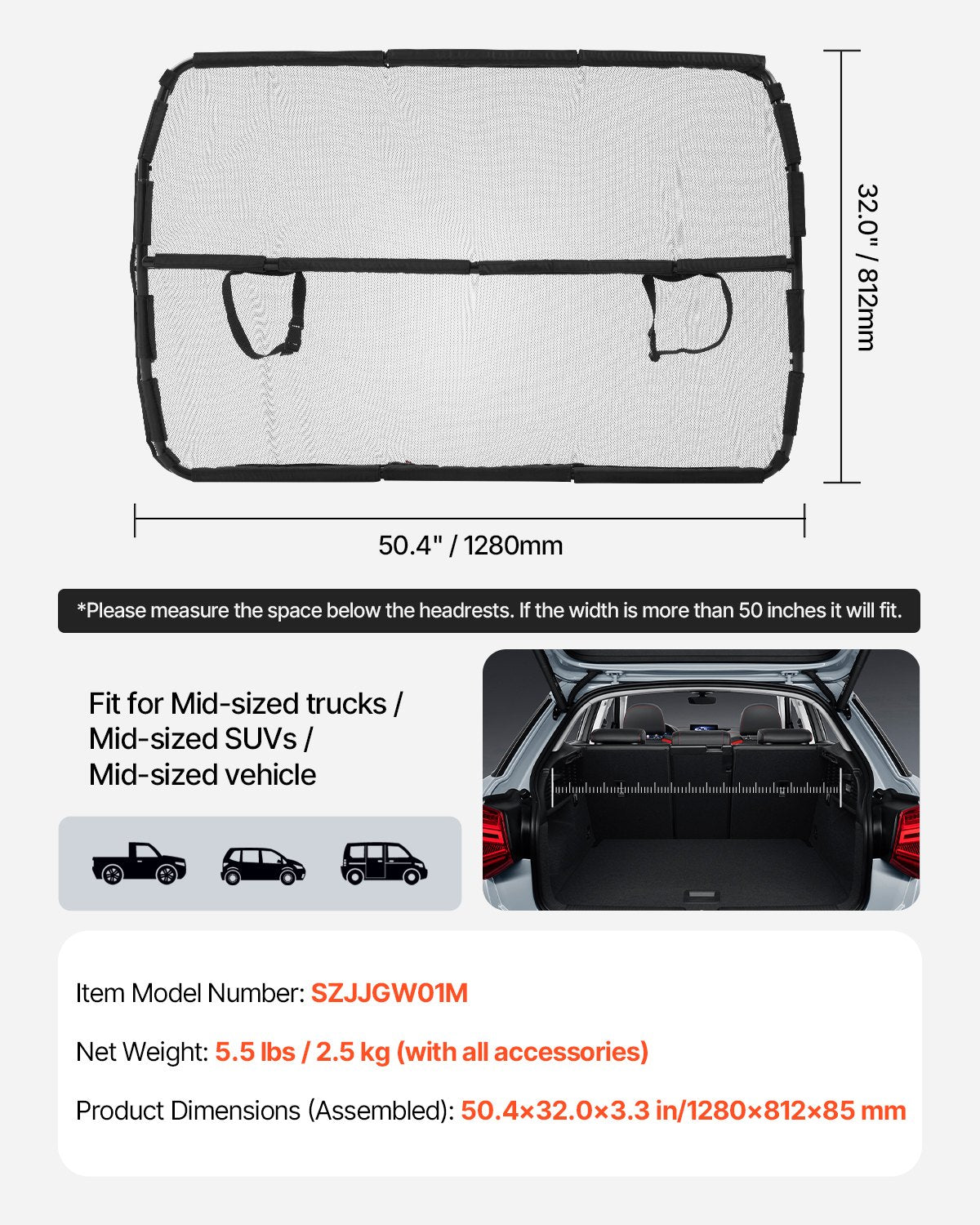 Dog Car Barrier 50" Wide Front Seats Installation Car Divider for SUVs