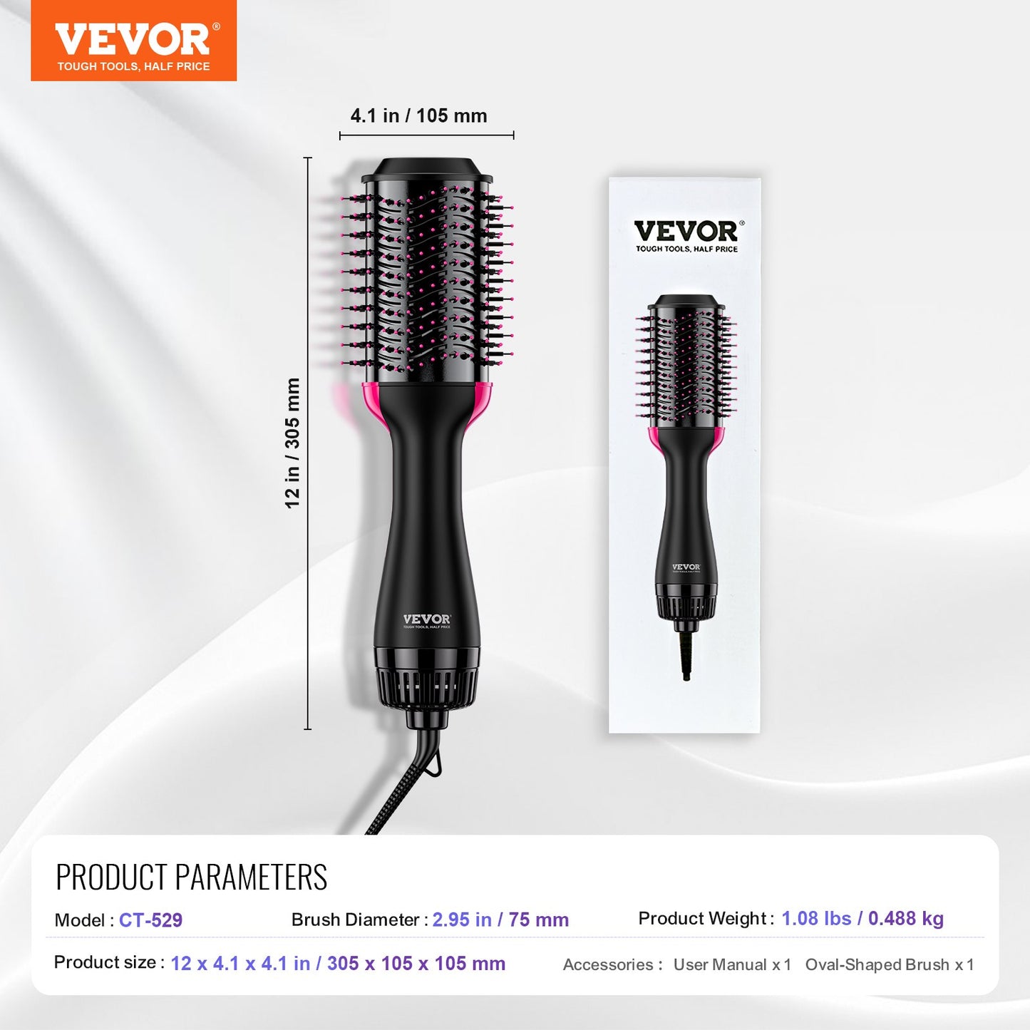 Hair Dryer Brush Ionic Hair Dryer and Styler with 75mm Oval Barrel