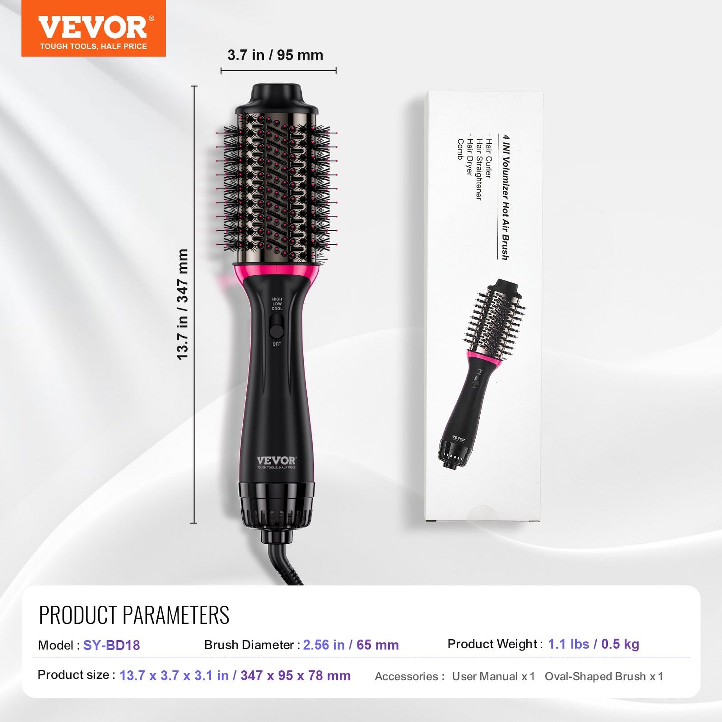 Hårfönborste Ionic Hair Styler Volumizer med 65 mm ovalt fat