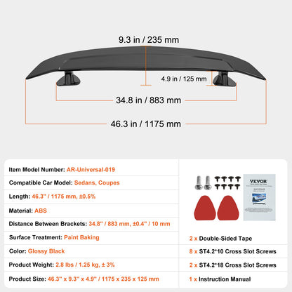 GT Wing Autospoiler, 46,3 Zoll Universalspoiler, Kompatibel mit den meisten Limousinen und Coupés, Hochfestes ABS-Material, Auto Heckspoilerflügel, Racing Spoiler BGW/JDM Drift Glossy Black