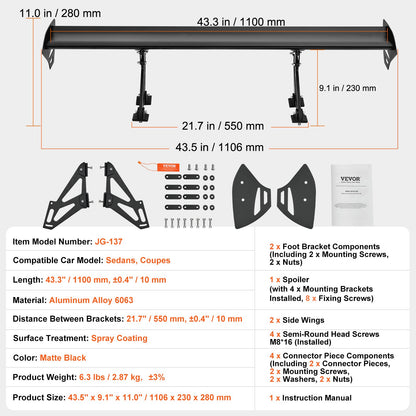 Universal Rear Spoiler GT Style Justerbar Trunk Wing Car Racing 43,3''