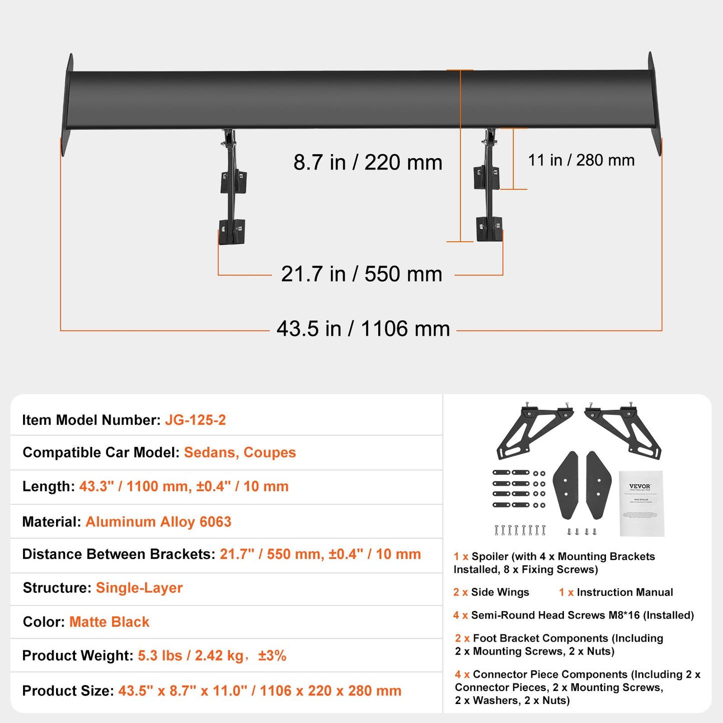 Universal Heckspoiler GT Stil Einstellbare Stamm Flügel Auto Racing 43.3''