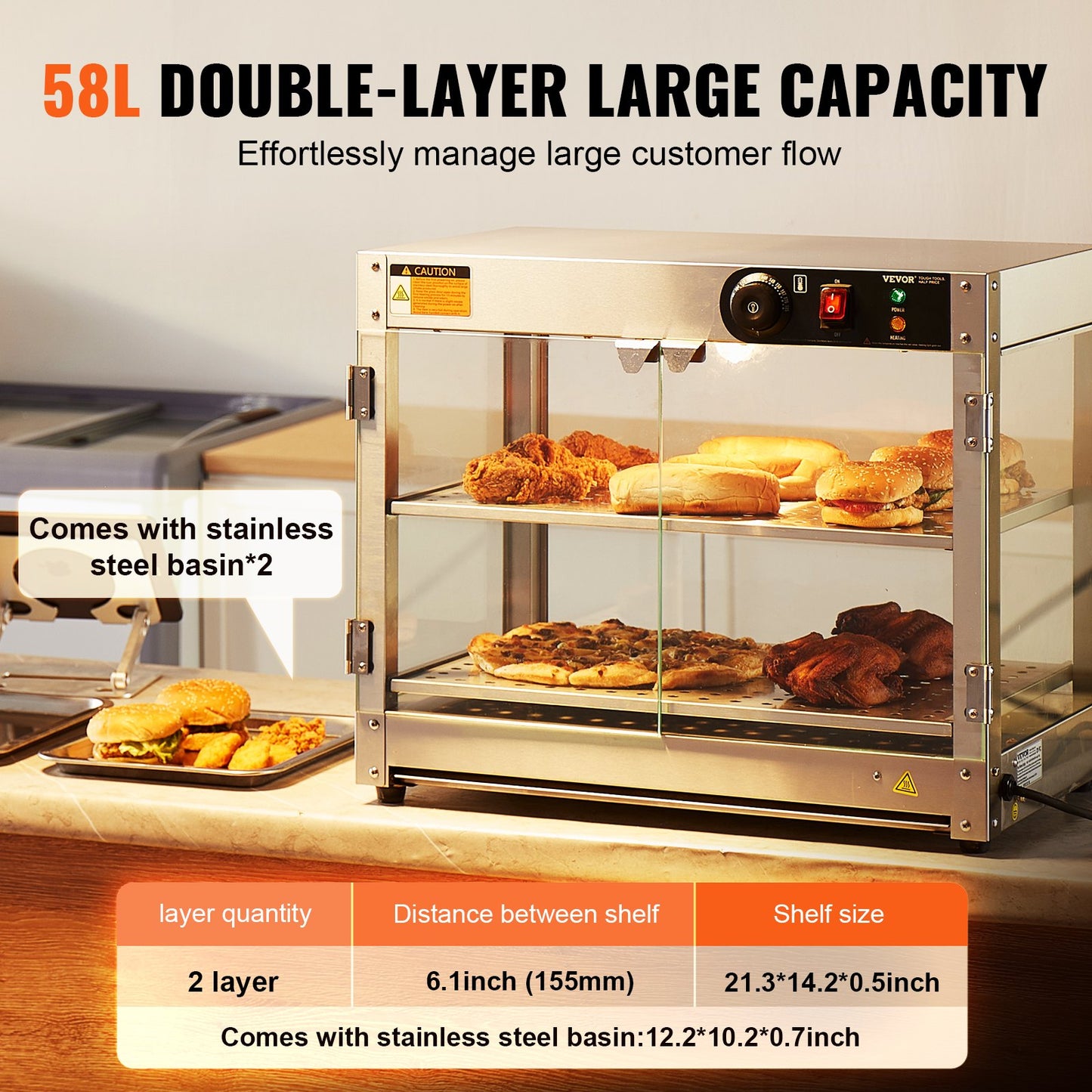 2-Tier Commercial Food Warmer Display Countertop Pizza Cabinet with Lights