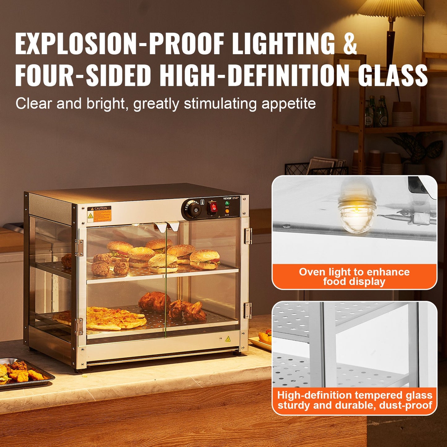 2-Tier Commercial Food Warmer Display Countertop Pizza Cabinet with Lights