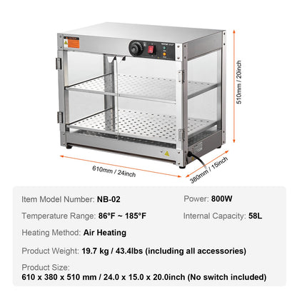 2-Tier Commercial Food Warmer Display Countertop Pizza Cabinet with Lights