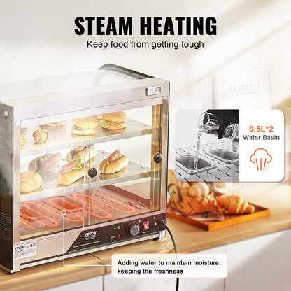 2-Tier Commercial Food Warmer Display Countertop Pizza Cabinet with Tongs