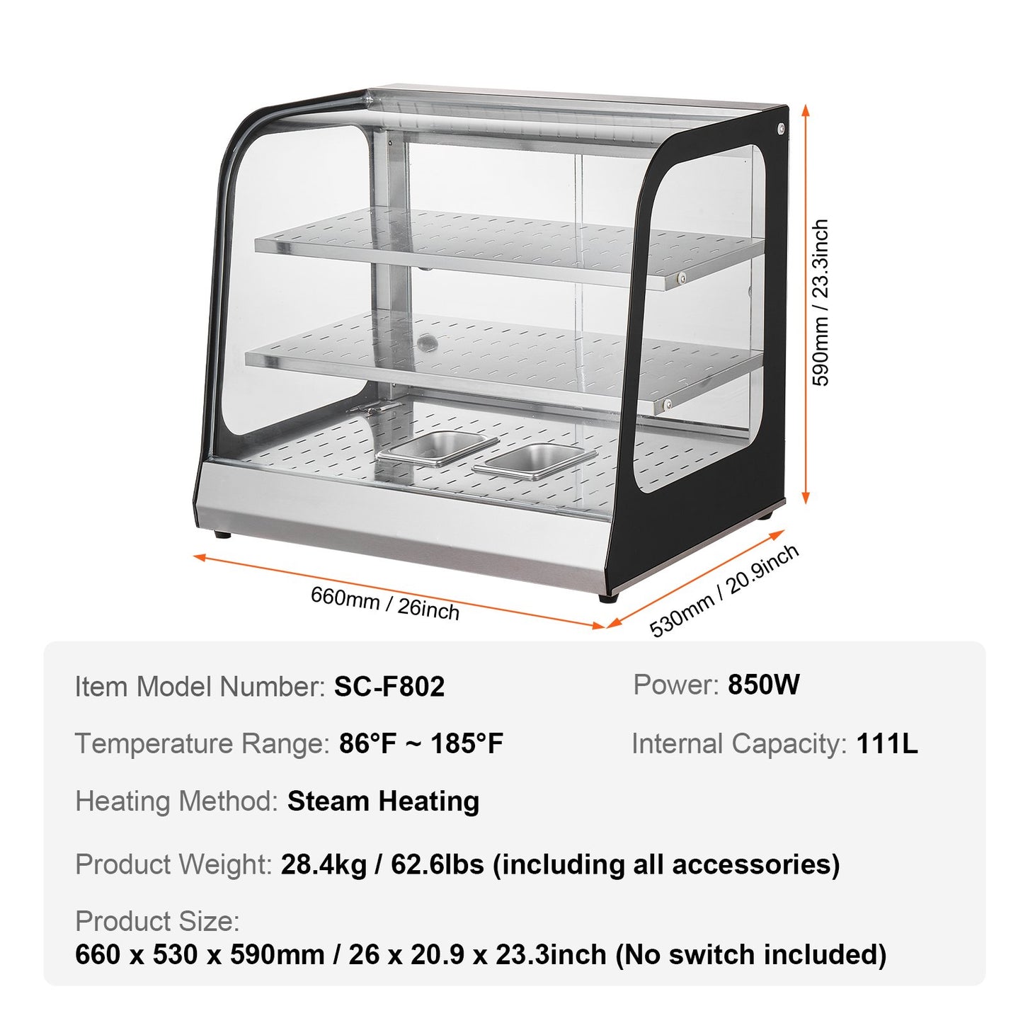 2-Tier Commercial Food Warmer Display Countertop Pizza Cabinet with Tongs