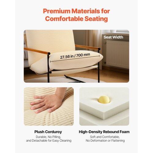 Accentfåtölj, Metallramstol med Träarmstöd, Modern Mysig Klädd Fåtölj, med Mjuk Skumdämpning, Avtagbar Kudde, För Vardagsrum, Sovrum, Läsrum, Kontor, Beige |  EU