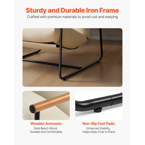 Accentfåtölj, Metallramstol med Träarmstöd, Modern Mysig Klädd Fåtölj, med Mjuk Skumdämpning, Avtagbar Kudde, För Vardagsrum, Sovrum, Läsrum, Kontor, Beige |  EU