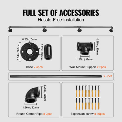 Pipe Stair Handrail, 11FT Stair Handrail, 440LBS Load Capacity Carbon Steel Pipe Handrail, Industrial Pipe Handrail with Wall Mount Support, Round Corner Wall Handrail for Indoor, Outdoor