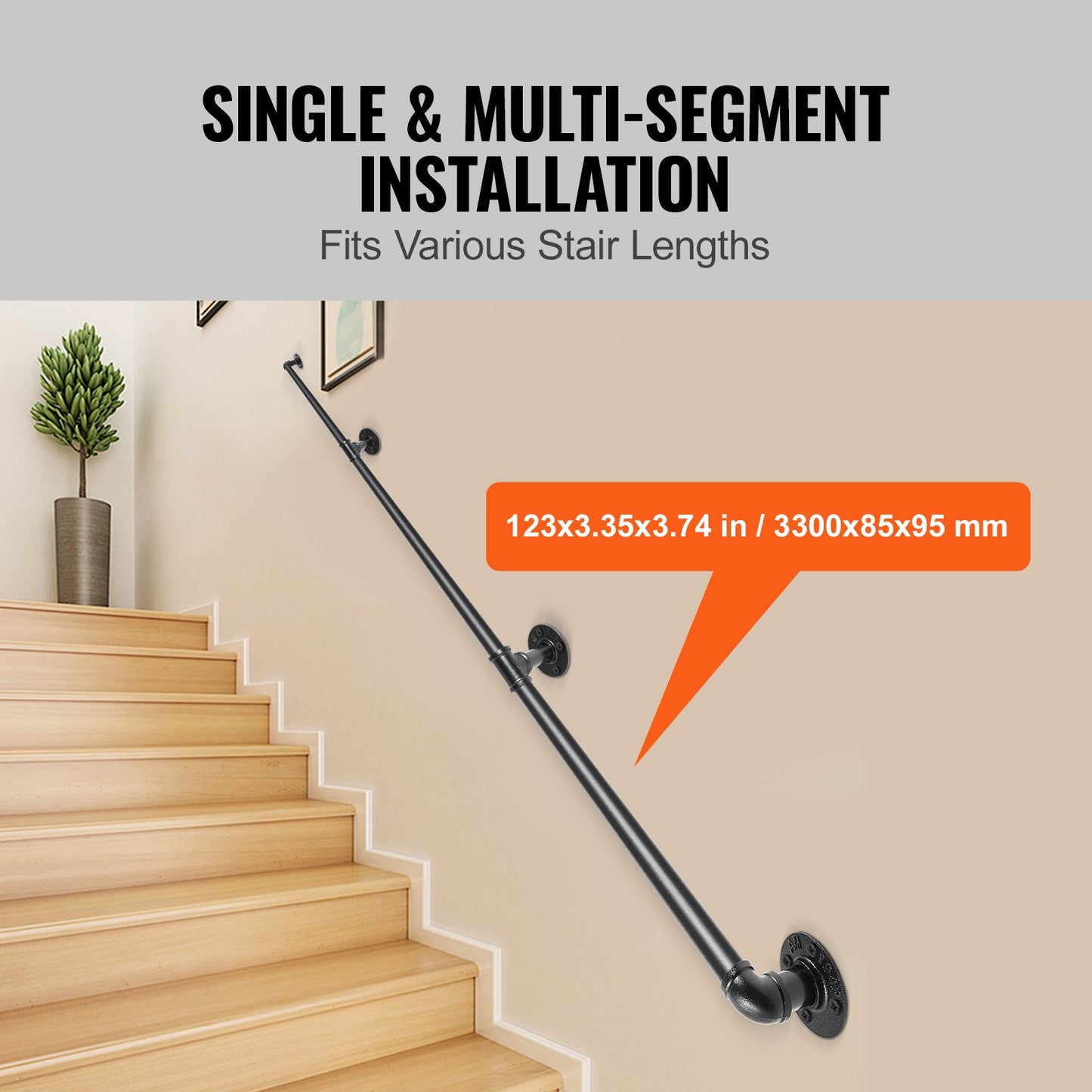Pipe Stair Handrail, 11FT Stair Handrail, 440LBS Load Capacity Carbon Steel Pipe Handrail, Industrial Pipe Handrail with Wall Mount Support, Round Corner Wall Handrail for Indoor, Outdoor
