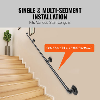Pipe Stair Handrail, 11FT Stair Handrail, 440LBS Load Capacity Carbon Steel Pipe Handrail, Industrial Pipe Handrail with Wall Mount Support, Round Corner Wall Handrail for Indoor, Outdoor