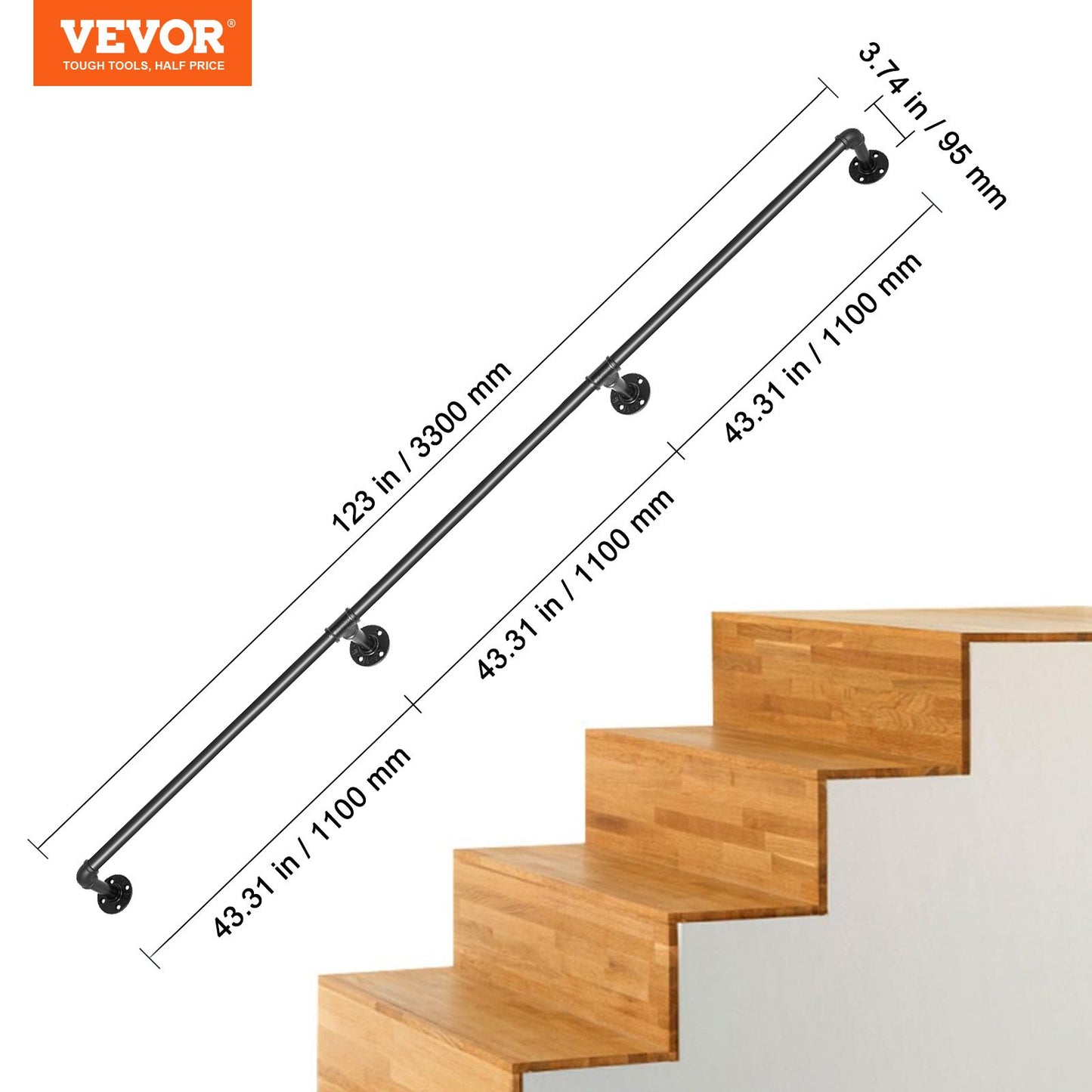 Pipe Stair Handrail, 11FT Stair Handrail, 440LBS Load Capacity Carbon Steel Pipe Handrail, Industrial Pipe Handrail with Wall Mount Support, Round Corner Wall Handrail for Indoor, Outdoor