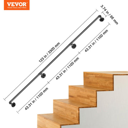 Pipe Stair Handrail, 11FT Stair Handrail, 440LBS Load Capacity Carbon Steel Pipe Handrail, Industrial Pipe Handrail with Wall Mount Support, Round Corner Wall Handrail for Indoor, Outdoor