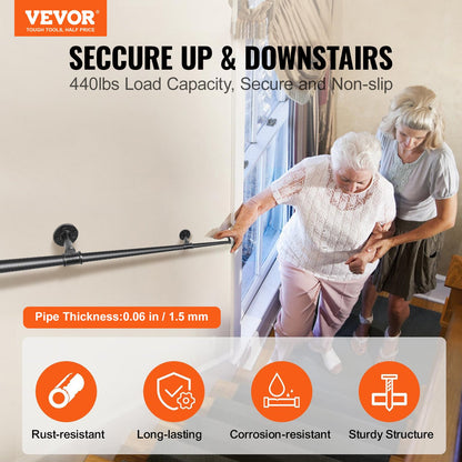 Pipe Stair Handrail, 13FT Stair Handrail, 440LBS Load Capacity Carbon Steel Pipe Handrail, Industrial Pipe Handrail with Wall Mount Support, Round Corner Wall Railing for Indoor, Outdoor