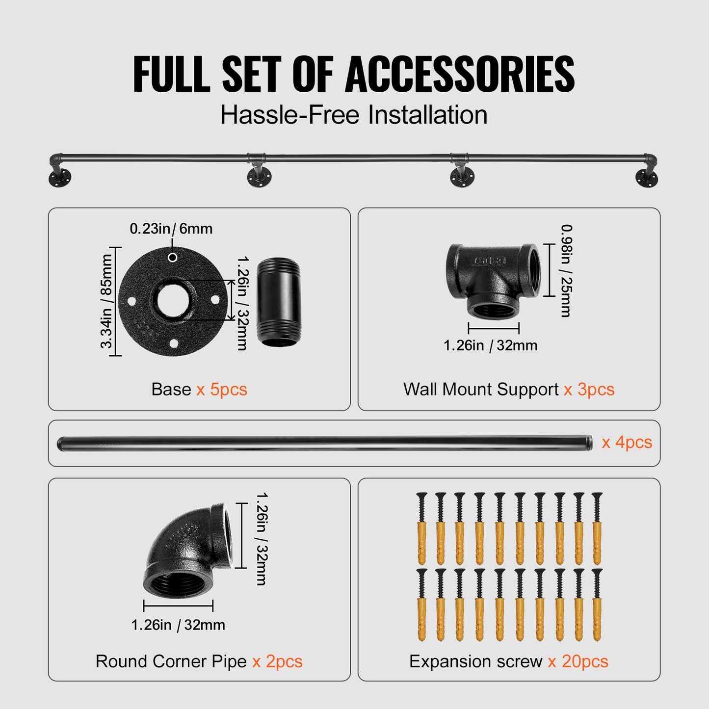 Pipe Stair Handrail, 13FT Stair Handrail, 440LBS Load Capacity Carbon Steel Pipe Handrail, Industrial Pipe Handrail with Wall Mount Support, Round Corner Wall Railing for Indoor, Outdoor