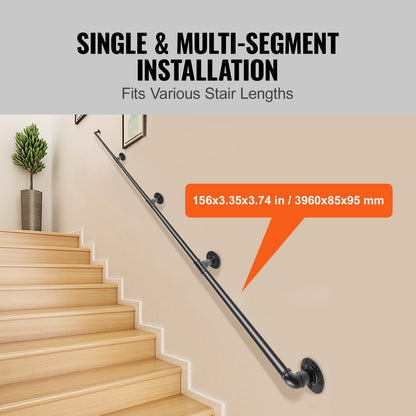 Pipe Stair Handrail, 13FT Stair Handrail, 440LBS Load Capacity Carbon Steel Pipe Handrail, Industrial Pipe Handrail with Wall Mount Support, Round Corner Wall Railing for Indoor, Outdoor