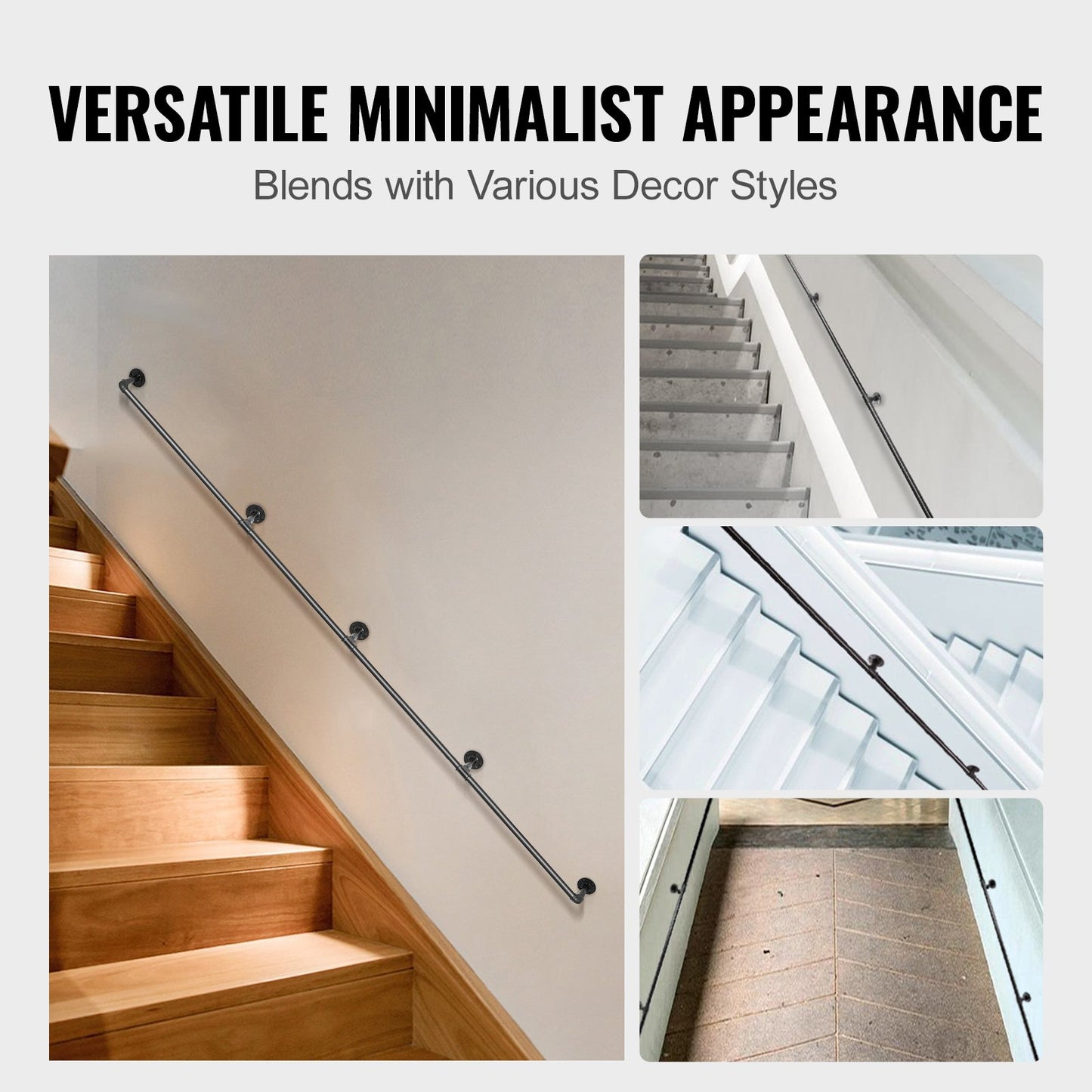 Pipe Stair Handrail, 13FT Stair Handrail, 440LBS Load Capacity Carbon Steel Pipe Handrail, Industrial Pipe Handrail with Wall Mount Support, Round Corner Wall Railing for Indoor, Outdoor