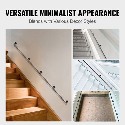 Pipe Stair Handrail, 13FT Stair Handrail, 440LBS Load Capacity Carbon Steel Pipe Handrail, Industrial Pipe Handrail with Wall Mount Support, Round Corner Wall Railing for Indoor, Outdoor