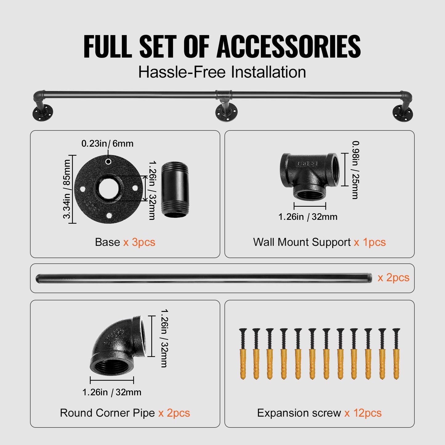 Pipe Stair Handrail, 7FT Stair Handrail, 440LBS Load Capacity Carbon Steel Pipe Handrail, Industrial Pipe Handrail with Wall Mount Support, Round Corner Wall Handrails for Indoor, Outdoor