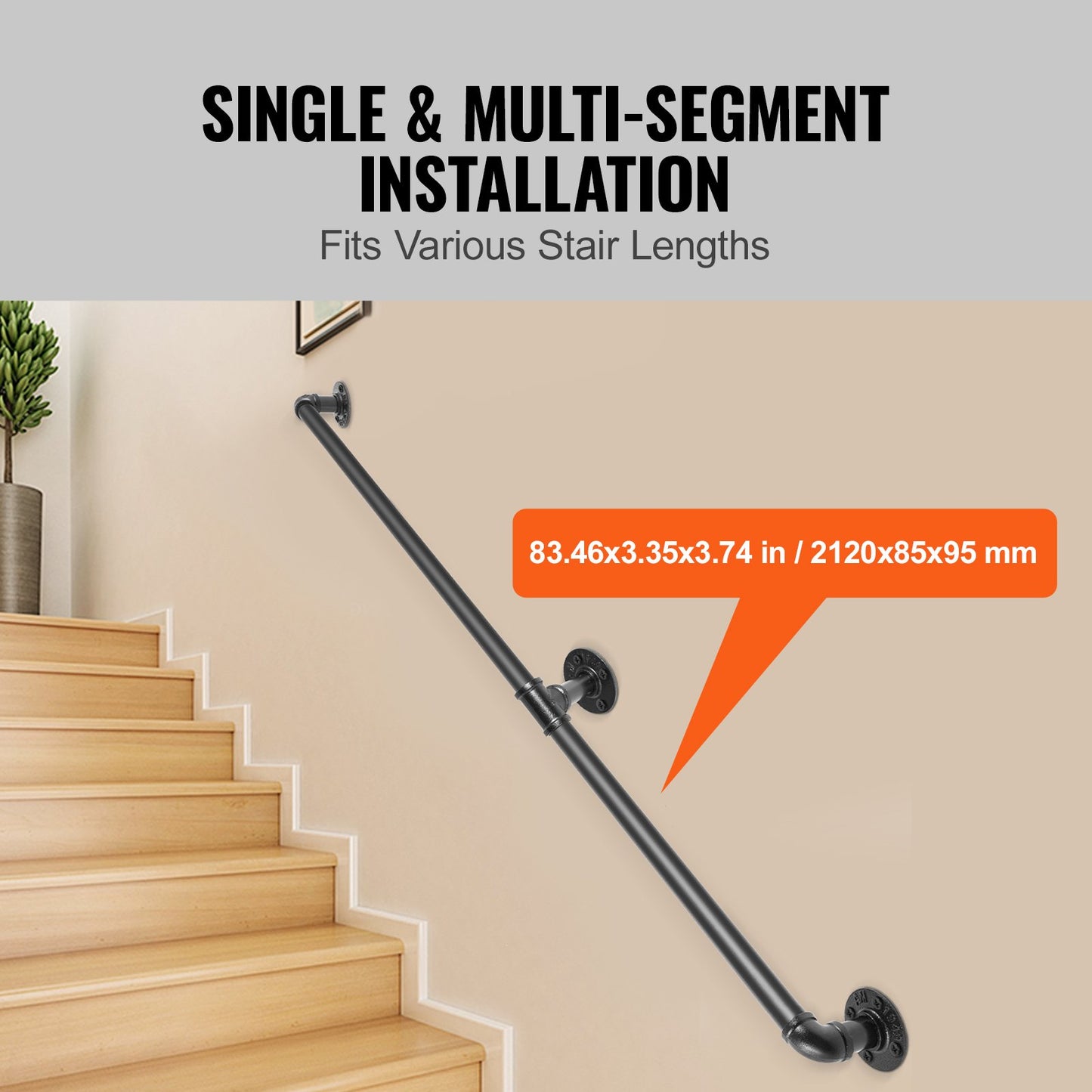 Pipe Stair Handrail, 7FT Stair Handrail, 440LBS Load Capacity Carbon Steel Pipe Handrail, Industrial Pipe Handrail with Wall Mount Support, Round Corner Wall Handrails for Indoor, Outdoor