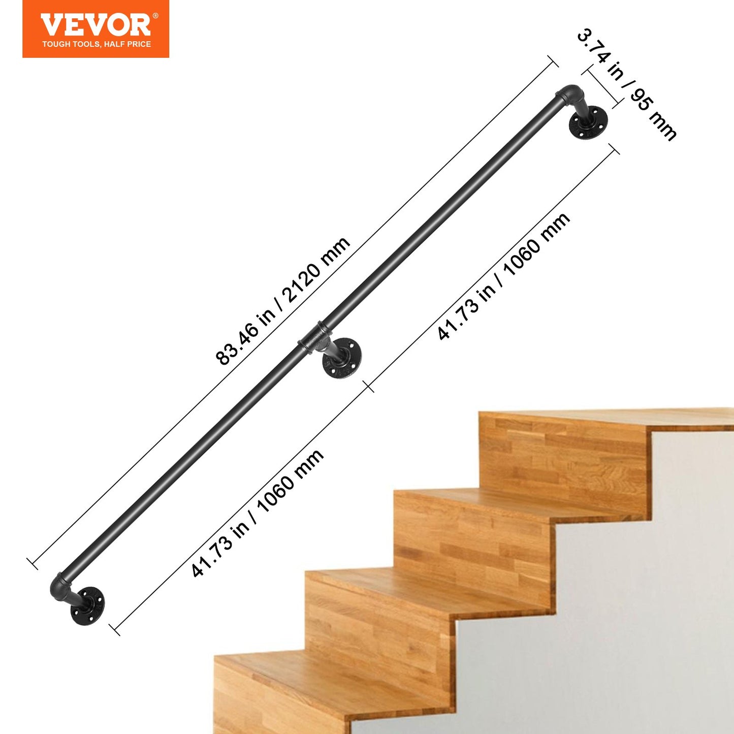 Pipe Stair Handrail, 7FT Stair Handrail, 440LBS Load Capacity Carbon Steel Pipe Handrail, Industrial Pipe Handrail with Wall Mount Support, Round Corner Wall Handrails for Indoor, Outdoor
