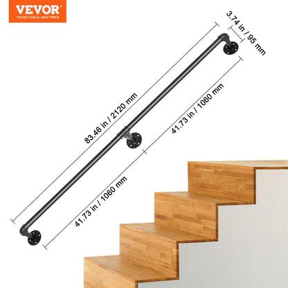 Pipe Stair Handrail, 7FT Stair Handrail, 440LBS Load Capacity Carbon Steel Pipe Handrail, Industrial Pipe Handrail with Wall Mount Support, Round Corner Wall Handrails for Indoor, Outdoor